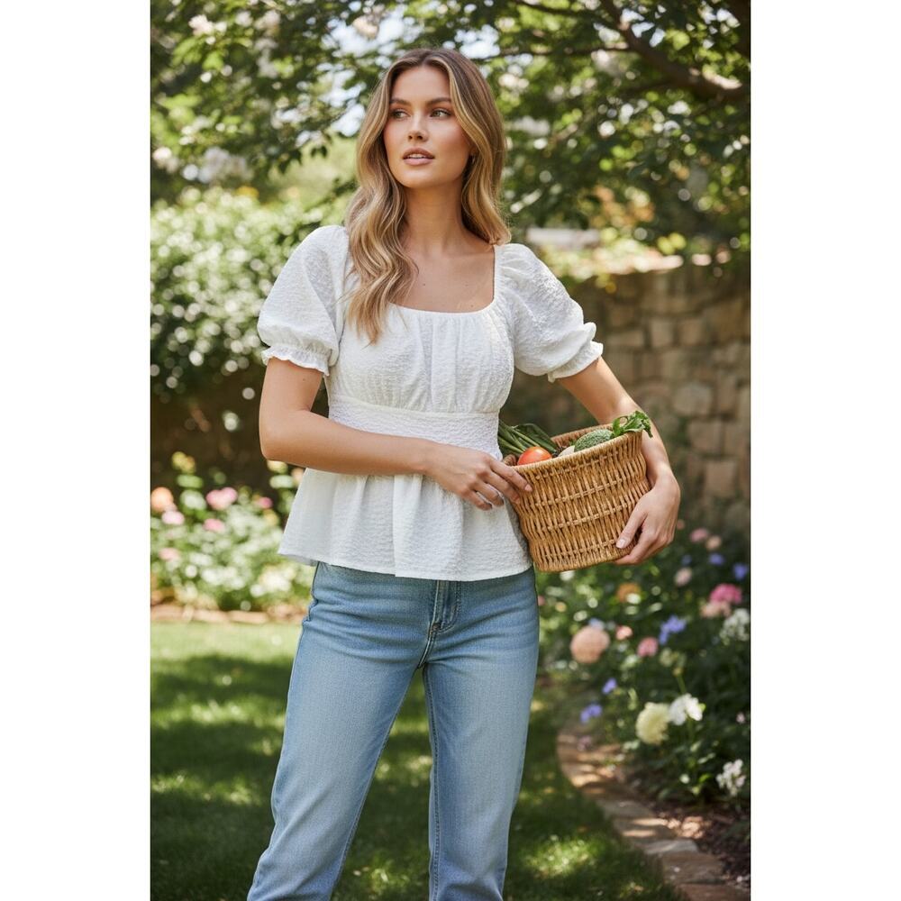 Grace + Emma White Textured Babydoll Peplum Blouse Puff Sleeve Top Size S